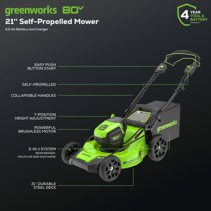 80V 21" Cordless Battery Self-Propelled Mower & Blower w/ 4.0Ah Battery & Rapid Charger